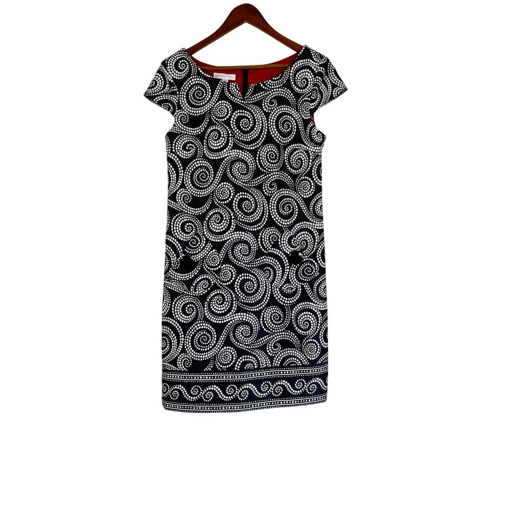 London Times Black White Dot Big Button Mod 60’s Shift Sheath Dress Pockets Sz 8